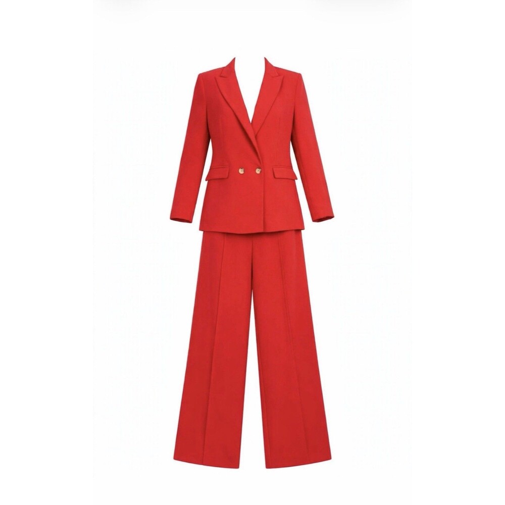 MNG by Mango 6 Red Double Breasted Blazer Wide Leg Pants Suit Set
